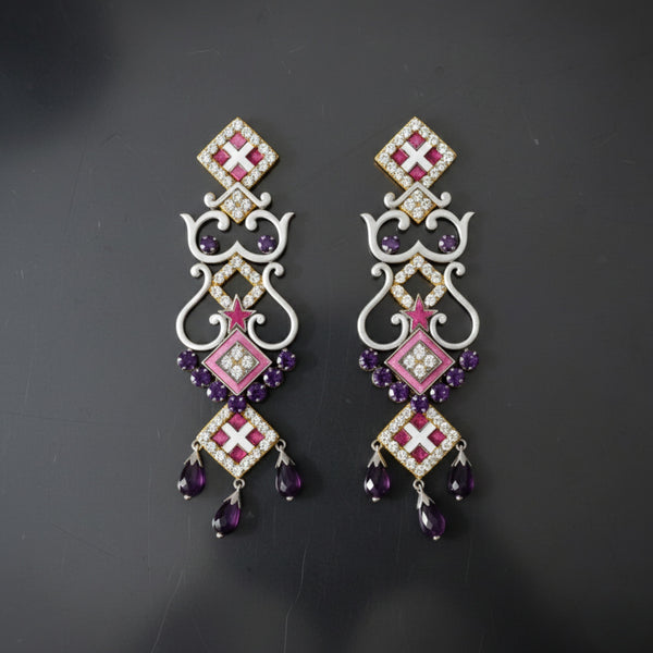 chandelier-style drop Earrings in Silver with CZ and amethyst gemstones alone with enamelling