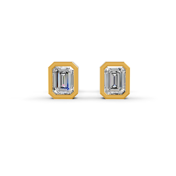 Emerald Cut Real Moissanite Bezel Set Solitaire Stud Earrings Screw Back 14K Gold Plated