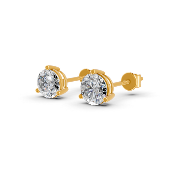 Round Cut Real Moissanite 3 Prong Solitaire Stud Earrings 14K Gold Plated