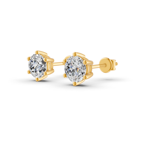 Round Cut Real Moissanite 6 Prong Solitaire Stud Earrings 14K Gold Plated