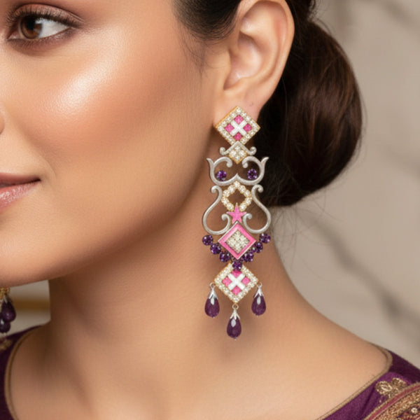 chandelier-style drop Earrings in Silver with CZ and amethyst gemstones alone with enamelling
