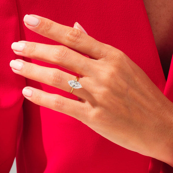 Marquise Cut Real Moissanite 4 Prong Solitaire Ring 14K Gold Plated