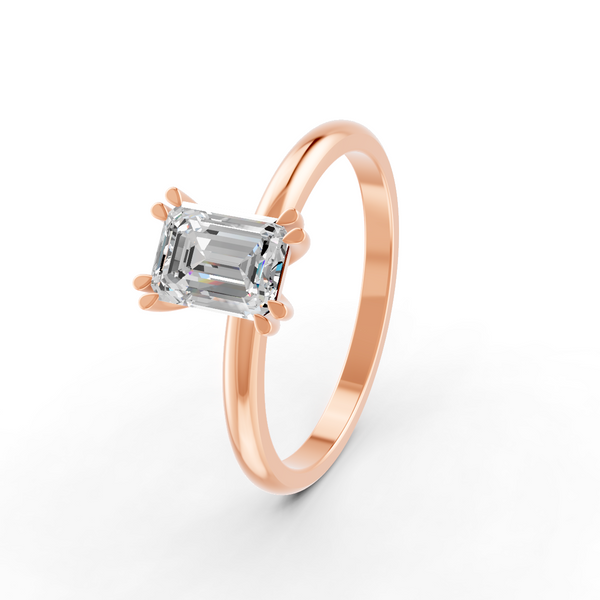 Emerald Cut Real Moissanite Double Prong Solitaire Ring 14K Gold Plated