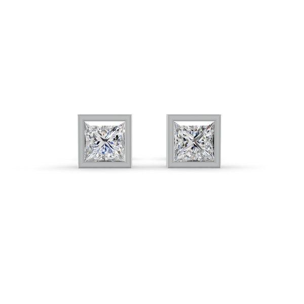 Princess Cut Real Moissanite Bezel Set Solitaire Stud Earrings Screw Back 14K Gold Plated