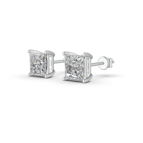 Princess Cut Real Moissanite 4 Prong Solitaire Stud Earrings Screw Back 14K Gold Plated