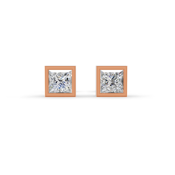 Princess Cut Real Moissanite Bezel Set Solitaire Stud Earrings Screw Back 14K Gold Plated